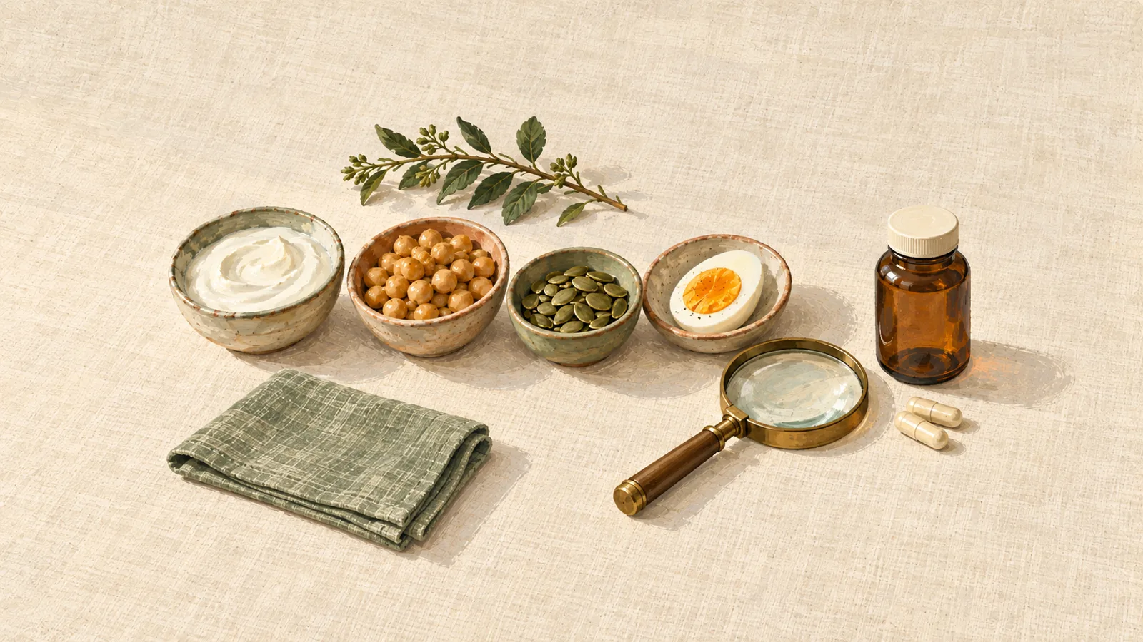 Gouache still life of four small dishes of yogurt, chickpeas, pumpkin seeds and a halved egg, an unlabeled amber bottle, and a magnifying glass between them.