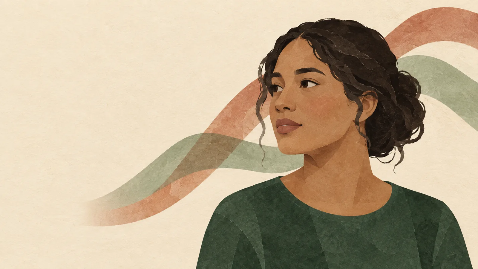 An illustrated woman in a forest-green top, with a thoughtful expression and curved rust and sage ribbons behind her.
