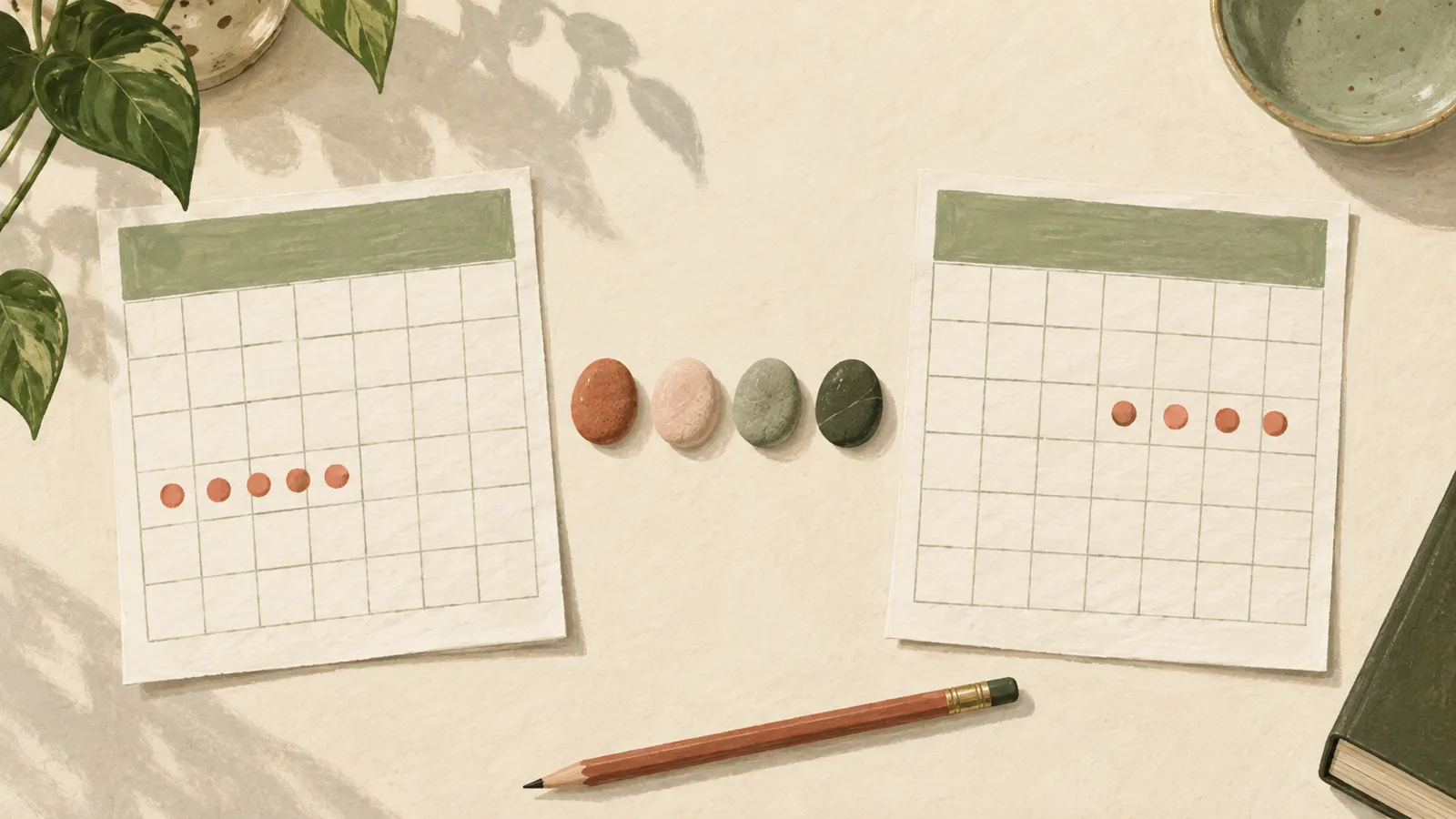Gouache illustration of two calendar pages with period days marked in different places and a row of four colored pebbles between them.