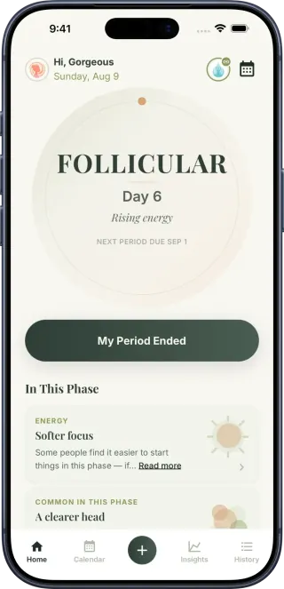 GetMyMood Home screen showing follicular phase, cycle day 6, and next period timing