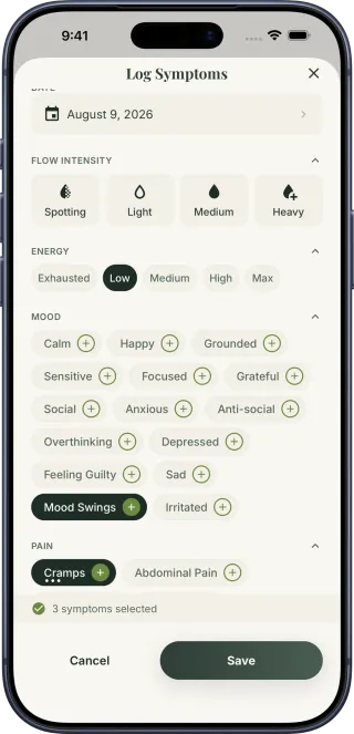 GetMyMood Log Symptoms screen with low energy, mood swings, and cramps selected