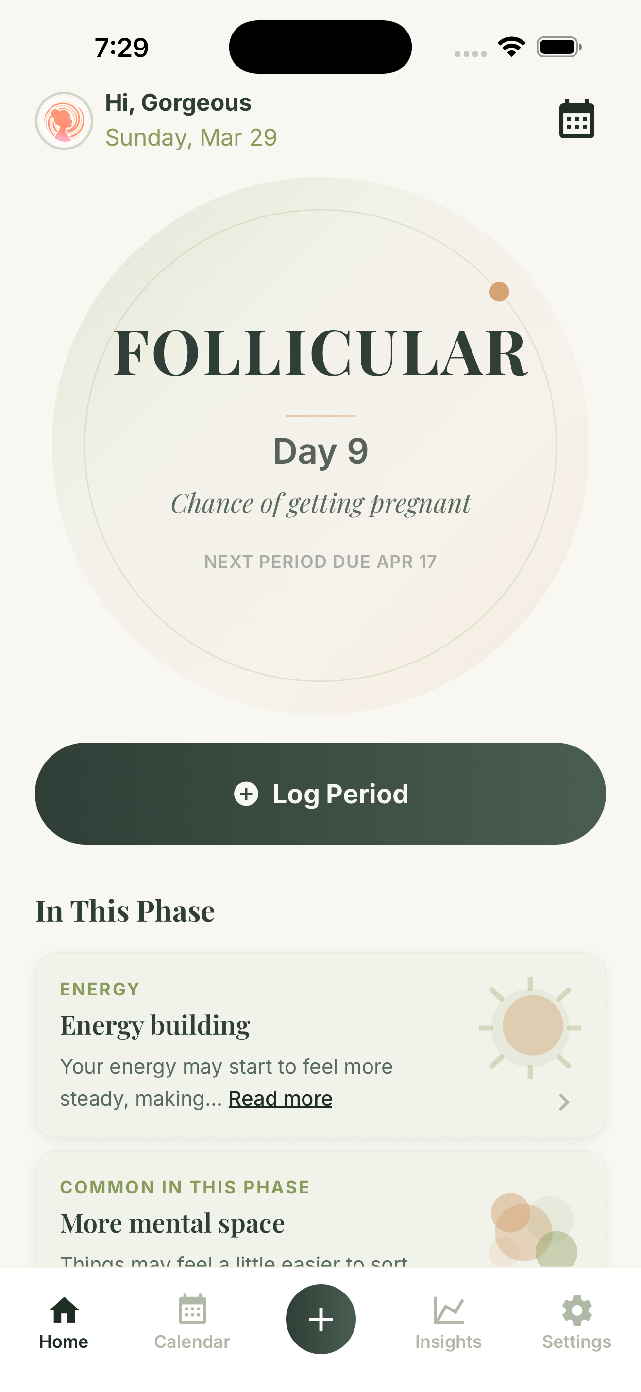 GetMyMood cycle phase dashboard showing follicular phase and cycle day