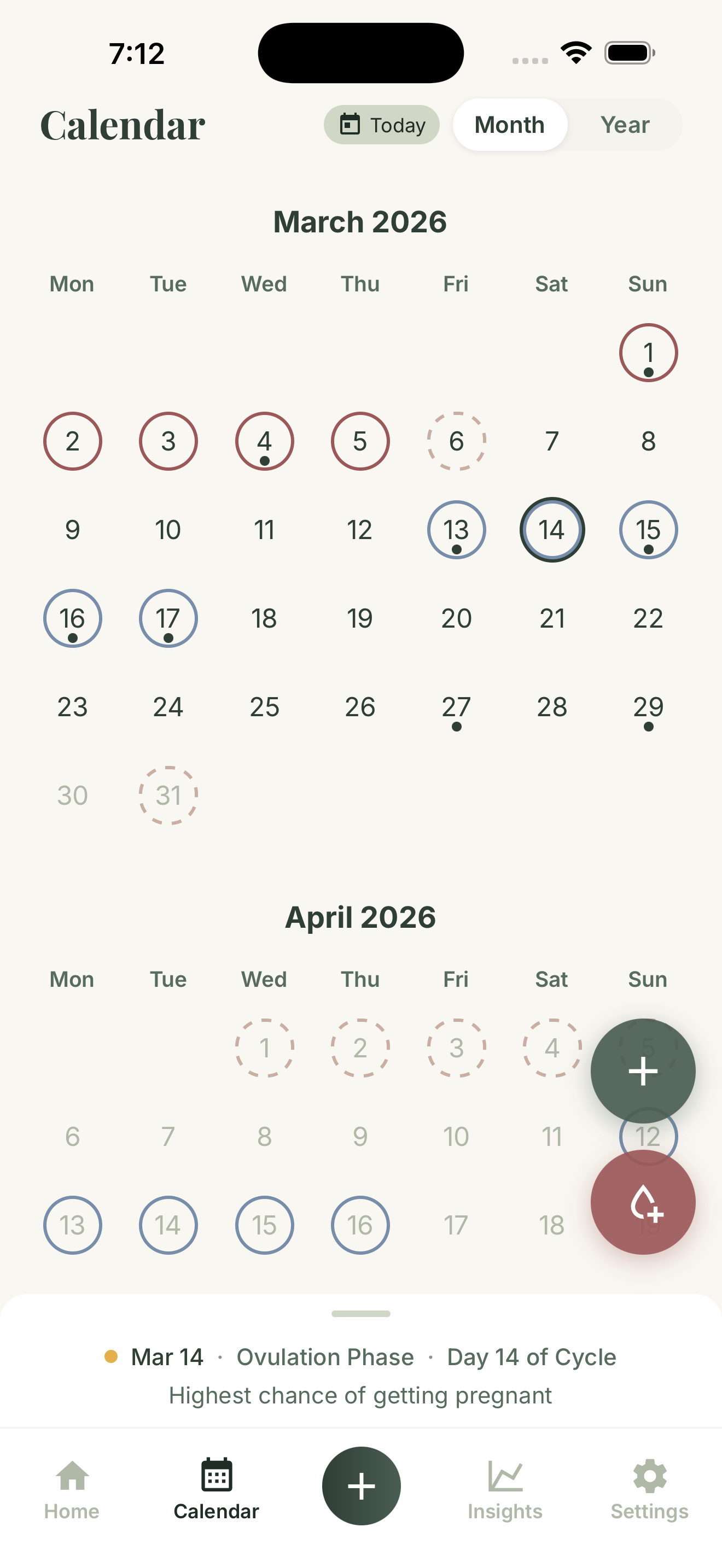 GetMyMood period calendar month view with logged and estimated cycle days
