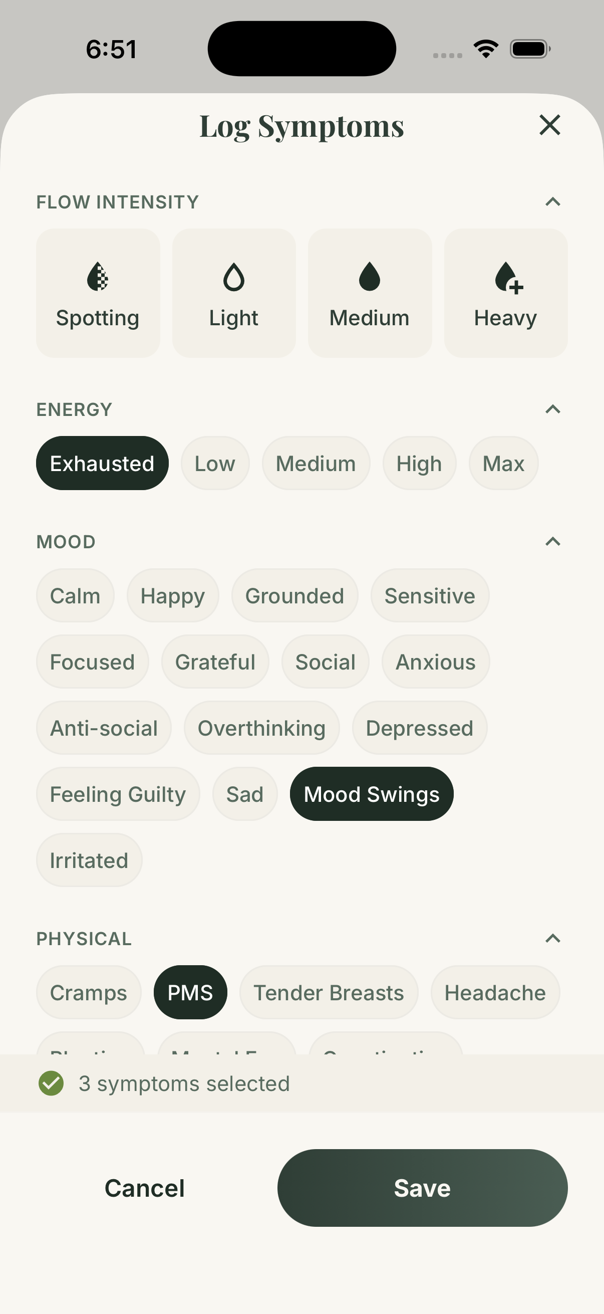 GetMyMood symptom logging screen with mood and energy options selected