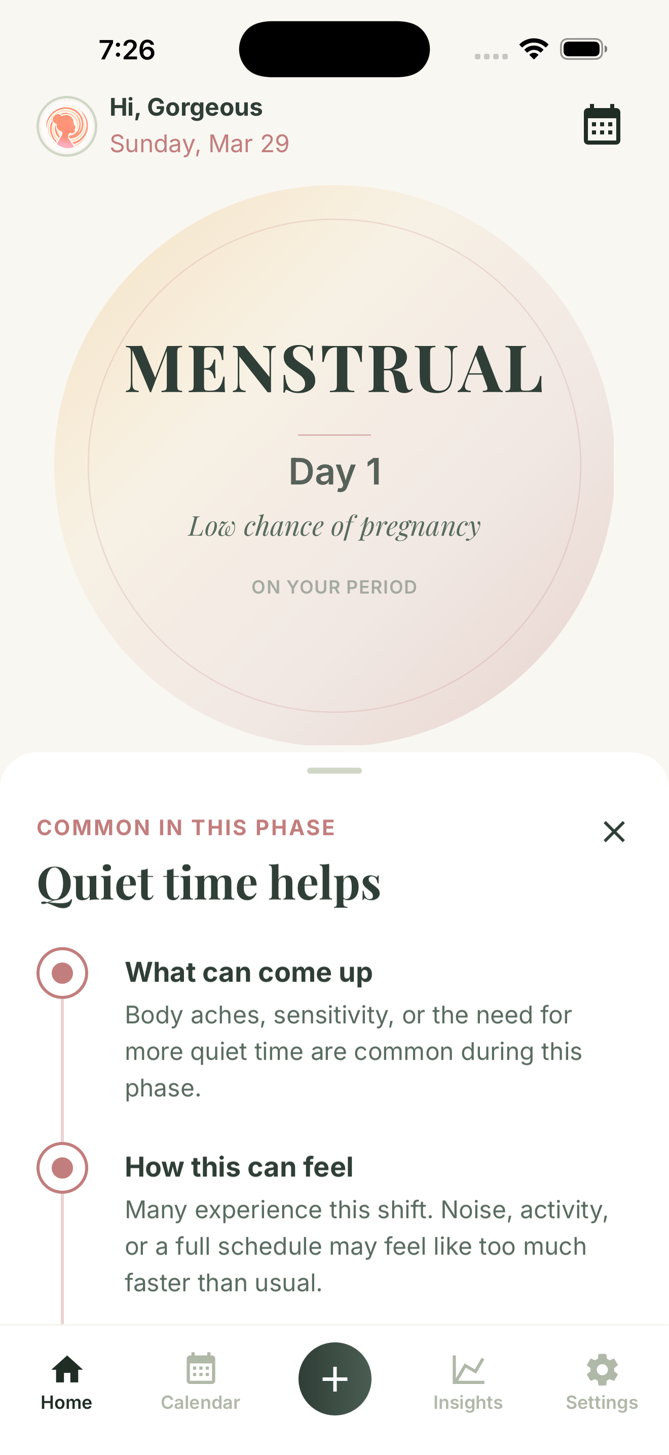 GetMyMood menstrual phase education screen with phase details