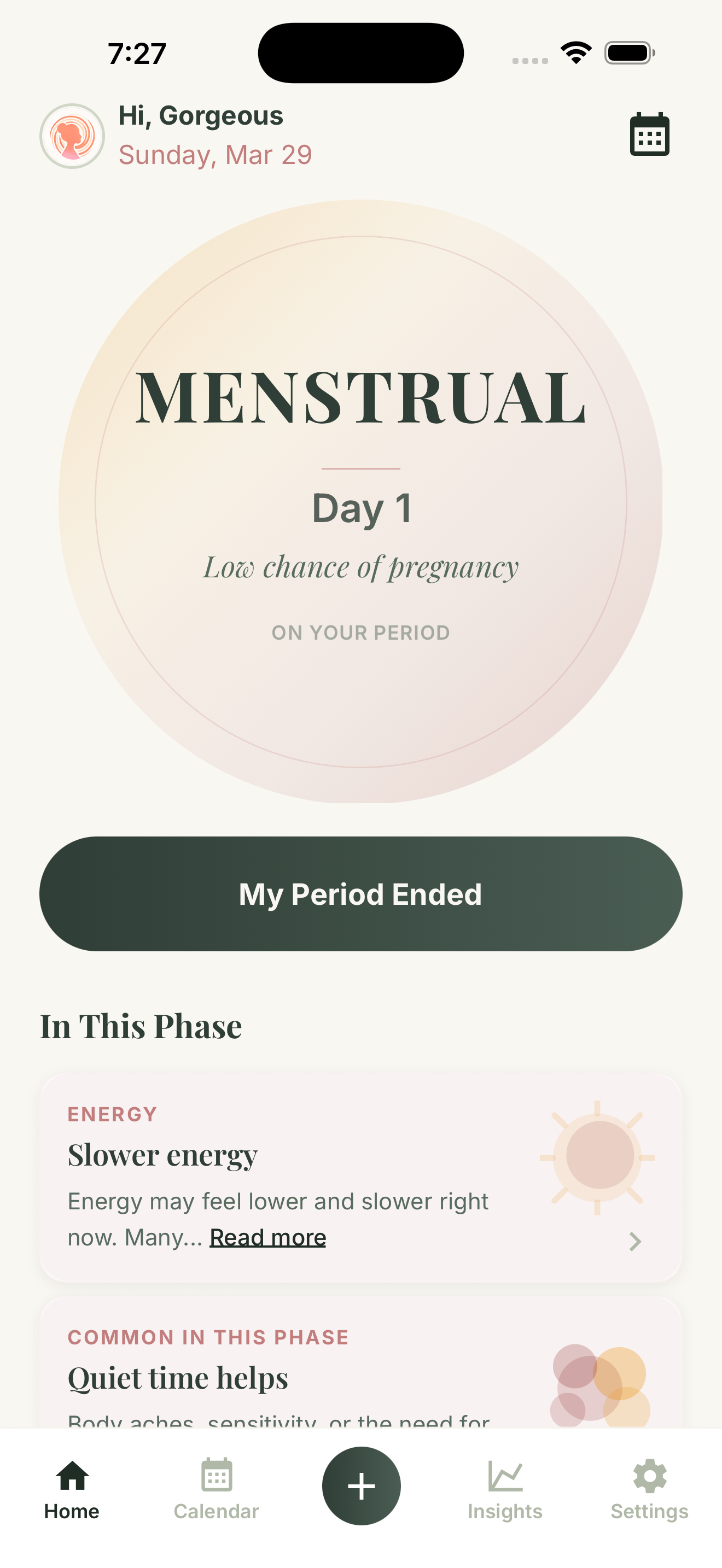GetMyMood menstrual phase dashboard with period end button and phase insight cards