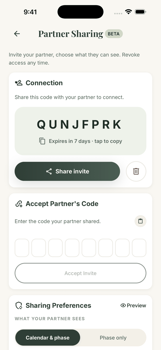 Creating a private partner invite code in GetMyMood, with a 7-day expiry and a share button