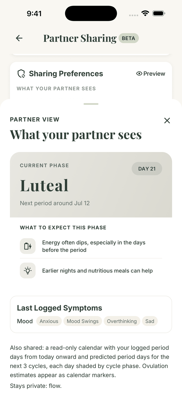 GetMyMood preview sheet showing exactly what the partner will see before sharing