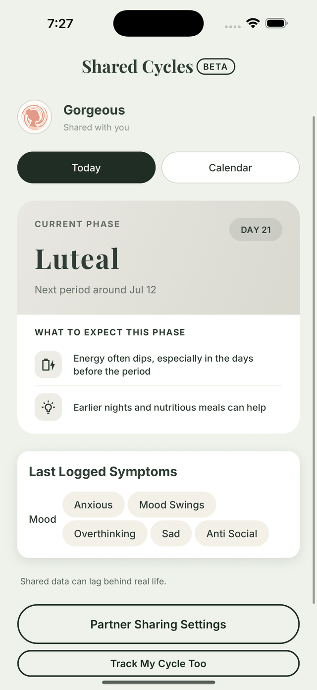 The partner's read-only Shared Cycles view in GetMyMood with current phase, cycle day, and shared symptoms