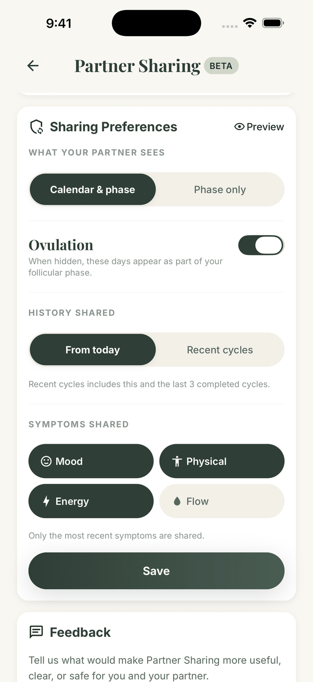 GetMyMood sharing preferences with separate controls for calendar and phase, ovulation, history, and symptom categories